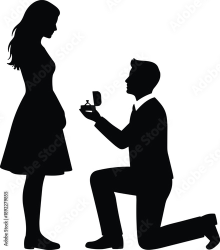 Romantic marriage proposal silhouette man kneeling with ring box asking woman to marry him love story flat vector illustration design