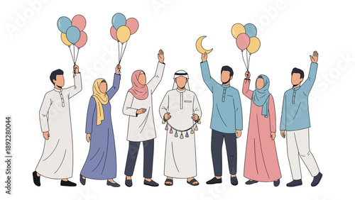 Celebration: A group of people stand together with balloons and moon in their hand and celebration.