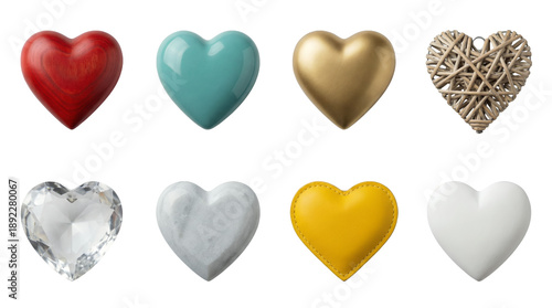 Heart shape set including wood, marble, gold, crystal, leather, and wicker textures isolated. Valentine and love decorative collection.