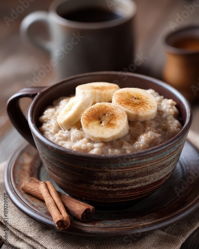 Wallpaper Mural Warm oatmeal bowl topped with banana slices Torontodigital.ca