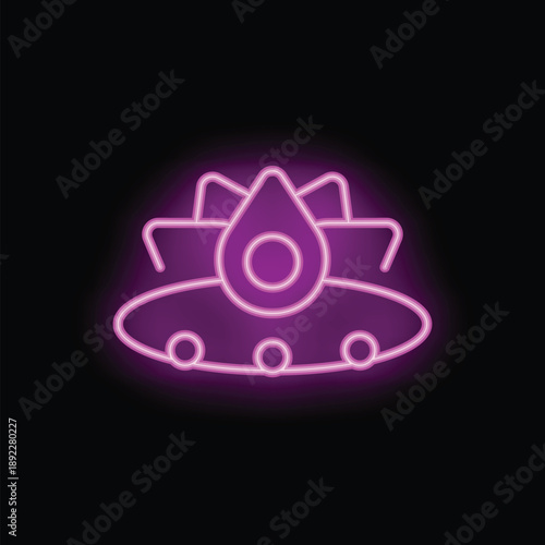 Pink neon sign depicting a ufo, glowing against a dark background