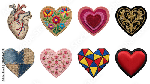Heart embroidery and patch set including anatomical, floral, geometric, denim, and satin styles isolated. Decorative apparel embellishment and craft collection.