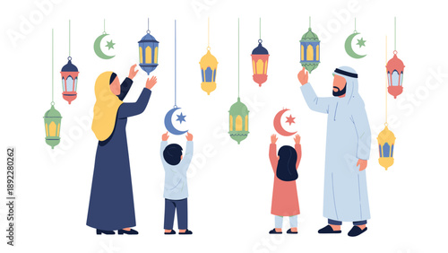 Family Festive Decoration: A Muslim family decorates for a special occasion, hanging lanterns and crescent moons, showcasing cultural pride and unity.