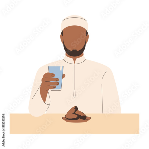 Iftar Moment: A figure, clad in traditional attire, delicately holds a glass of water, while a plate of dates rests before him, reflecting a moment of spiritual significance.