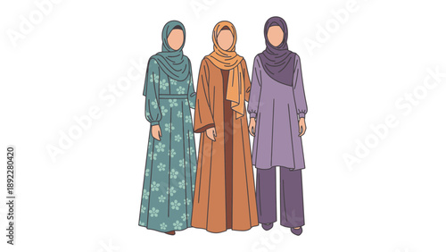 Fashion Ensemble of Modesty: A vibrant illustration showcases three elegantly attired women, each clad in a modest and beautifully designed outfit, reflecting grace and cultural richness.