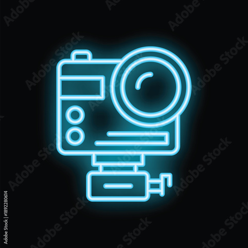 Bright blue neon sign symbolizing an action camera recording video, on a black background