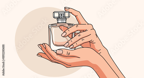 Female hands holding glass perfume bottle beauty vector illustration