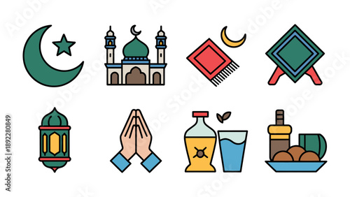 Icons of Islamic Symbols and Traditions: A vibrant collection of symbols representing Islamic culture and traditions, capturing the essence of spirituality and celebration.