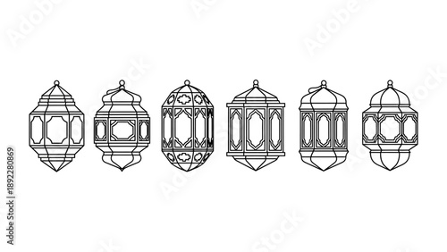 Decorative Lanterns in Monochrome: A collection of meticulously detailed, ornate lanterns arranged in a row, their intricate designs rendered in elegant monochrome.