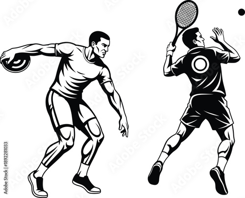 Tennis Player Serves While Disc Sports Athlete Throws in Bold Black and White Illustration