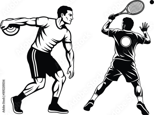 Dynamic Duo: Tennis Player Serves Ace While Disc Sports Athlete Prepares to Throw in Black and White