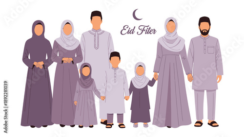 Eid al-Fitr Family Celebration: A vibrant illustration depicts a gathering of family members dressed in traditional attire, celebrating Eid al-Fitr with joy and togetherness.
