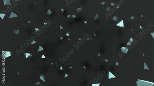 Floating semi-transparent light blue triangles scattered across dark background, creating abstract digital depth and motion.