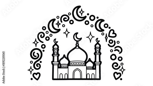 Cultural Celebration Mosque Illustration: A beautiful and intricately detailed line art illustration of a mosque, adorned with crescent moons and stars.