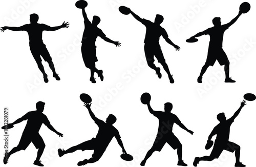 Frisbee Fun: Silhouettes of Athletes in Various Throwing Poses on White Background