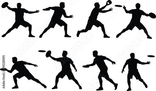 Disc Throwing Action: Collection of Silhouettes Showcasing Various Poses and Movements