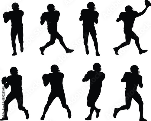 American Football Player Silhouettes: Quarterback in Various Throwing and Running Poses