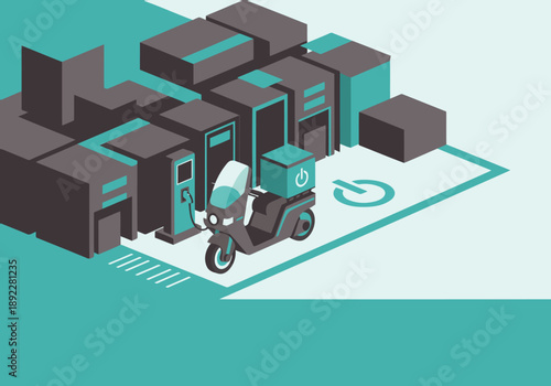 Autonomous mopeds charge at a futuristic hub. Modern, geometric design with teal and gray tones. Ideal for tech, urban, and sustainable concepts.