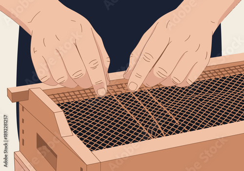 A craftsman meticulously weaves mesh into a wooden hive frame. Detailed hands demonstrate a skilled, artisanal process. Focus on texture and craftsmanship.