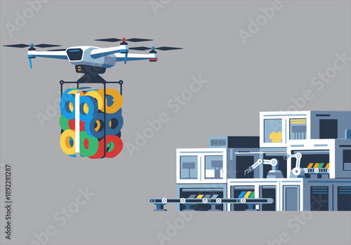 A drone delivers synthetic fiber bundles to a building, showcasing futuristic delivery technology. Bright, modern illustration for business and logistics concepts.