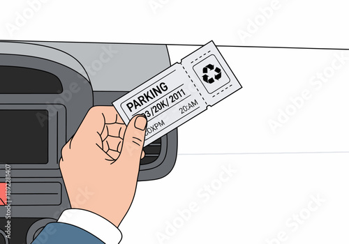 A hand places a parking coupon on a car dashboard. Clear, bright illustration. Ideal for parking, transportation, and city themes. Professional, modern style.