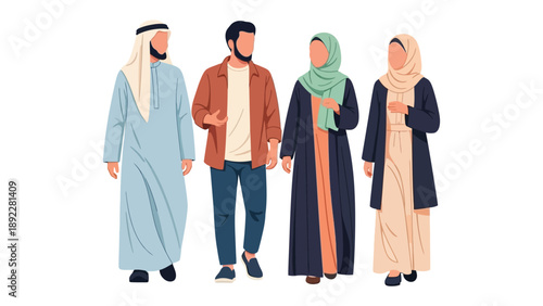 Cultural Ensemble: Illustrative depiction of a diverse group of individuals, representing various facets of Middle Eastern culture, elegantly clad in traditional attire.