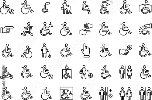Collection of diverse accessibility and disability icons, including various wheelchair symbols, directional arrows, hand gestures, and human figures, representing different needs and services.
