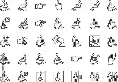 Comprehensive set of line art icons illustrating disability and accessibility features, featuring various wheelchair user icons, directional signs, hand symbols, and people icons.