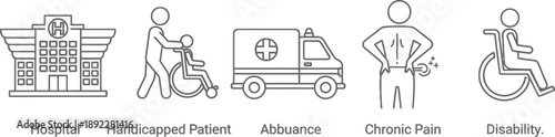 Set of icons representing healthcare and medical services: hospital building, person assisting a handicapped patient, ambulance, person experiencing chronic pain, and disability symbol.