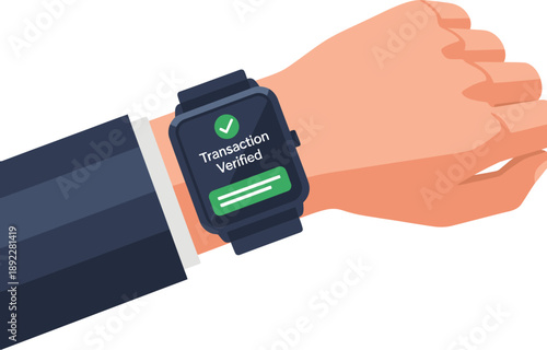 A hand wearing a smartwatch displays 'Transaction Verified'. Modern UI design, clean and professional. Illustrative graphic, digital style.