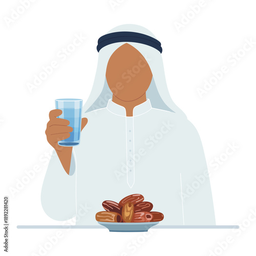 Ramadan Celebration: An individual, embodying cultural customs, with dates and water signifying the spirit of Ramadan.