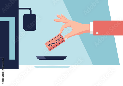 A hand receives a digital ticket from a futuristic kiosk. Modern, clean design with a surreal digital harvest theme. Bright, vibrant colors.