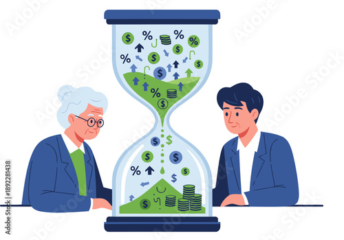 An hourglass depicts wealth transfer planning between an older and younger professional. Illustrates financial security and legacy planning. Modern, vibrant colors.