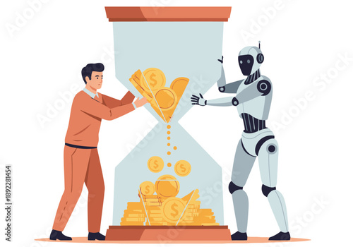 A man and robot collaborate to manage wealth, symbolized by a flowing hourglass filled with coins. Modern illustration, highlighting human-robot partnership.