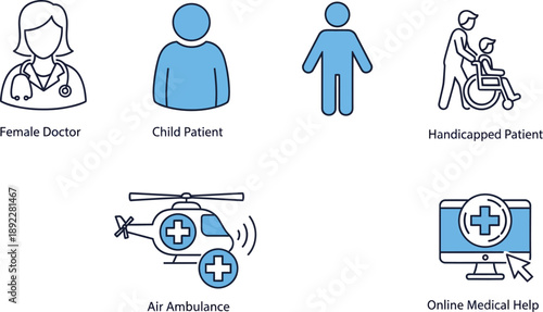 Collection of simple blue icons representing medical professionals, patients, and services: female doctor, child patient, handicapped patient, air ambulance, and online medical help.