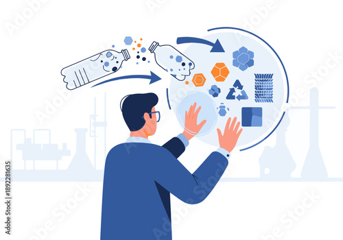 A professional man transforms plastic bottles into fibers using advanced technology. A dynamic visual showcasing sustainable material innovation and circular economy.