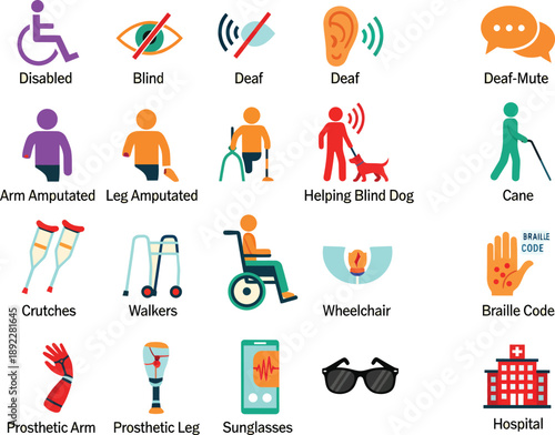 Collection of icons in warm tones representing disabilities and assistance: wheelchair user, blindness, deafness, amputations, guide dog, walking cane, walker, wheelchair, braille, hospital.