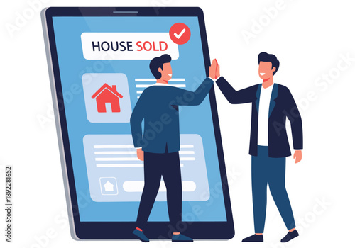Realtor and client celebrate a successful house sale with a high-tech digital display. A modern, friendly illustration showcasing a deal closure.
