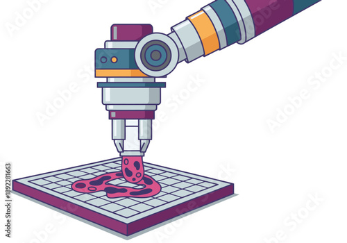 A robotic arm precisely dispenses bio-ink onto a 3D printing platform. Modern, vibrant illustration showcasing innovative biotechnology. Perfect for science, technology, and medical visuals.