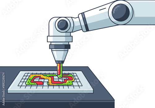 A robotic arm precisely dispenses bio-ink onto a microfluidic chip.  Clean, modern, and visually engaging, ideal for science, technology, and medical themes.