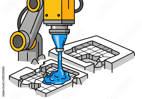 A robotic arm precisely dispenses polyester resin onto a 3D printed mold.  Clean, modern industrial scene.  High-tech manufacturing.
