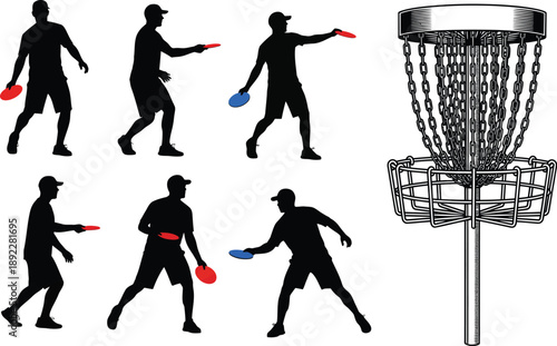 Set of black silhouette illustrations of men playing disc golf, in poses of throwing frisbees towards a disc golf basket, against a white background.