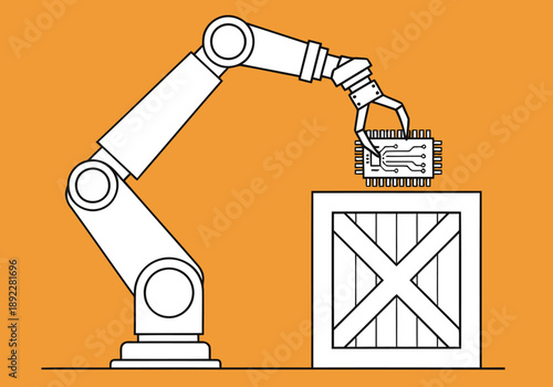 A robotic arm precisely places a tracking chip onto a wooden crate. Clean, modern illustration showcasing automation and technology. High-quality, vector graphic.