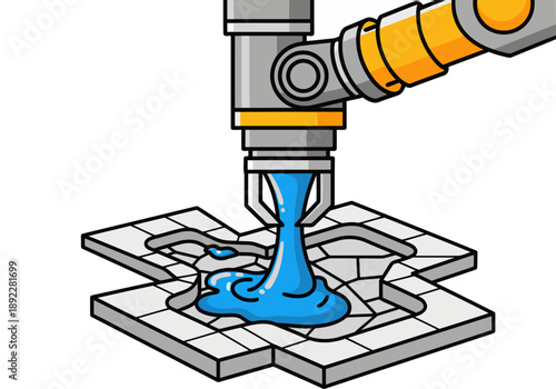 A robotic arm precisely dispenses polyester resin onto a patterned surface. Modern industrial automation, clear visual, ideal for tech and manufacturing themes.