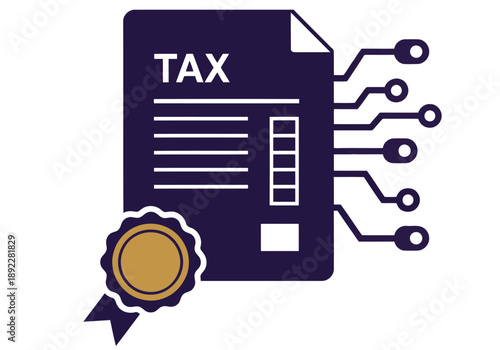 A stylized tax form integrates with digital nodes, symbolizing digital taxation. Modern, professional design with a seal. Suitable for business and finance concepts.