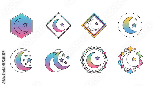 Moon and Star Icon Set: A captivating collection of meticulously crafted moon and star icons, showcasing a harmonious blend of celestial elegance and diverse design elements. 
