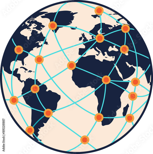 A vibrant global logistics network icon illustrates interconnected worldwide shipping routes. Modern, clean design for business and technology visuals.