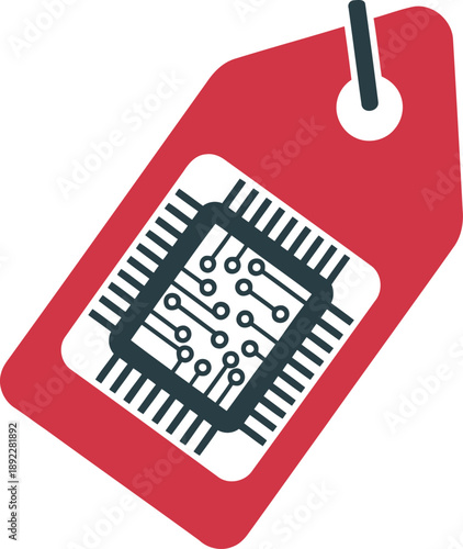A vibrant digital chip tag with a circuit board design. Modern, clean graphic, ideal for tech, innovation, and rental concepts. Bold red background.