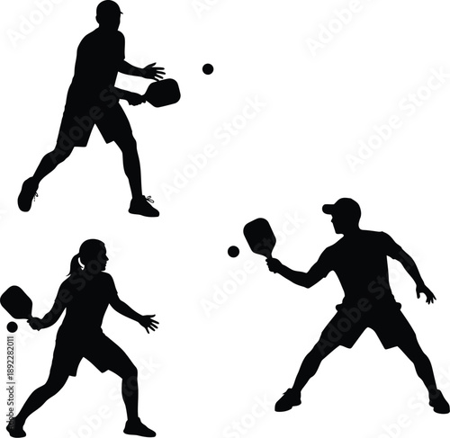 Silhouettes of people playing pickleball in active poses with paddles and balls on white background
