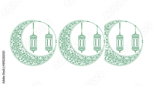 Moonlight Lanterns of Celebration: Elegant green crescent moons adorned with intricate patterns and delicate lanterns, inviting viewers to a season of reflection.